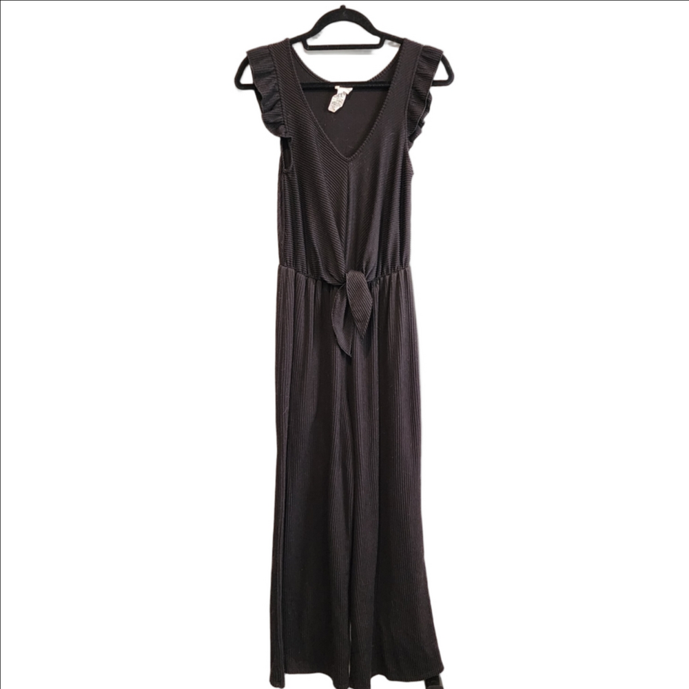Black Wide Leg Ribbed Tie Waist Jumpsuit Caution To The Wind Size Extra Small